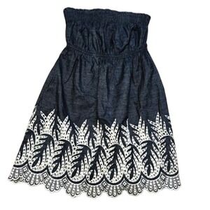 West‎ 36 Womens Strapless Smocked Denim Look Eyelet Mini Dress Blue White Size M